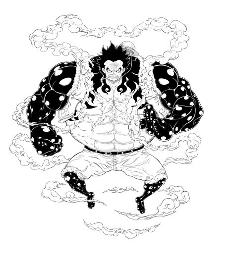 One Piece Gear 4, Luffy Gear Fourth, Luffy Gear 4, Fruit Art Drawings, Manga Tattoo, One Piece Tattoos, Gear 4, 4 Tattoo, Character Design Sketches