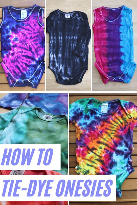 Tie-dye baby onesies are the cutest! Find out how to DIY your own onesies - video tutorials and FAQs included. These are a brilliant gift for a baby shower or newborn baby, and make an easy handmade gift. How To Tie Dye Onesies, Tye Dye Onesie Diy, Onesie Tie Dye Station, Baby Shower Tie Dye Station, The Dye Party Ideas, Tie Dye Onesie Diy, Tie Dye Onesie Station, Tye Dye Baby Shower Ideas, Tie Dye Baby Onesies