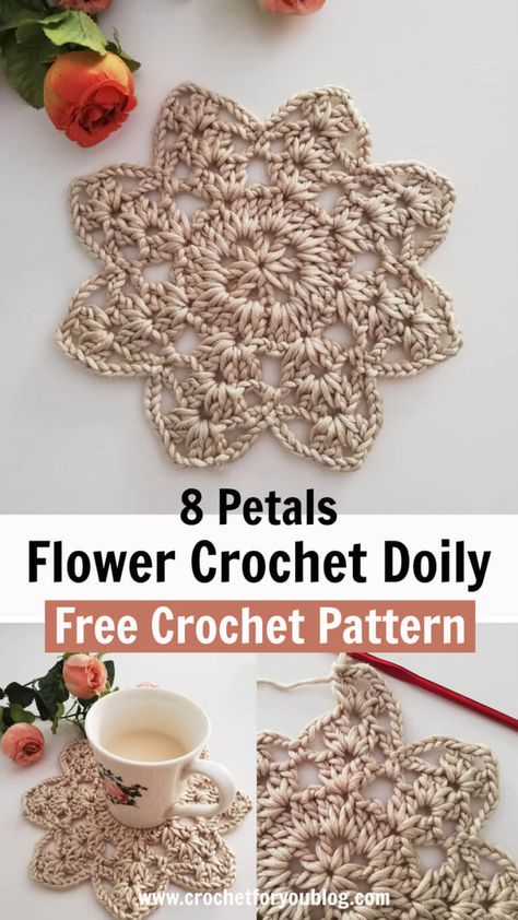 8 Petals Flower Crochet Doily Free Pattern - Crochet For You Crochet Doily Free Pattern, Crochet Cup Coaster, Crochet Craft Fair, Crochet Coasters Free Pattern, Crochet Mat, Free Crochet Doily Patterns, Washcloth Pattern, Crochet Coaster Pattern, Cozy Crochet