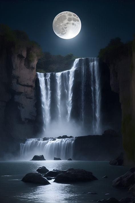 Moon Waterfall Painting, Night Waterfall Painting, Moon Magic Aesthetic, Moonlit Waterfall, Waterfall Tattoos, Lady Selene, Waterfalls Aesthetic, Waterfall At Night, Moon Waterfall