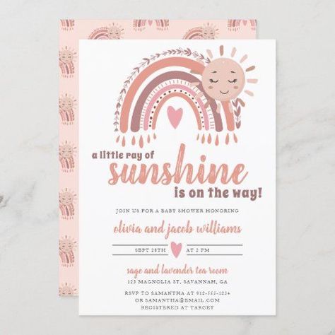 $2.40 | A Little Ray of Sunshine Boho Baby Shower Invitation #bohobabyshower #babygirl #rainbow #mutedearthtones #pink #modern #calligraphyscript #bohemian #cuteretrobohorainbowb17 #albamariebabies Baptism Themes, Sunshine Baby Shower Invitations, Rainbow Baby Shower Invitations, Rainbow Invitations, Sunshine Baby Showers, Boho Invitations, Boho Baby Shower Invitations, Woodland Baby Shower Invitations, Rainbow Baby Shower