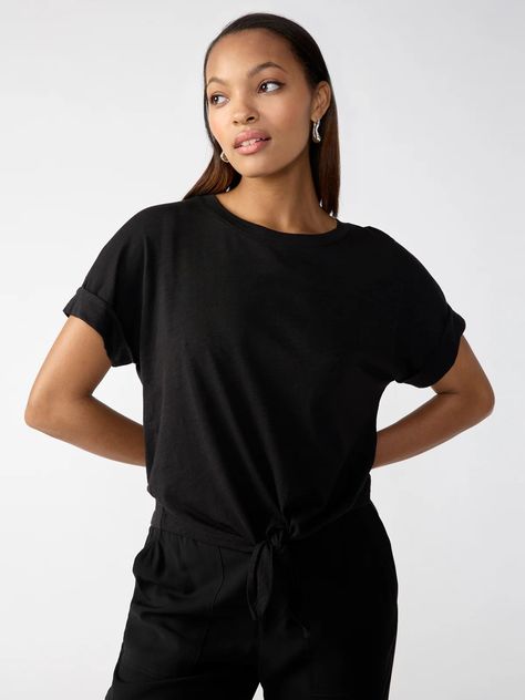 ALL DAY TIE TEE BLACK Shirt Tie, Black Tee, Lay Flat, Fabric Care, Casual Chic, Neck T Shirt, Knit Top, Investment, Fitness Models