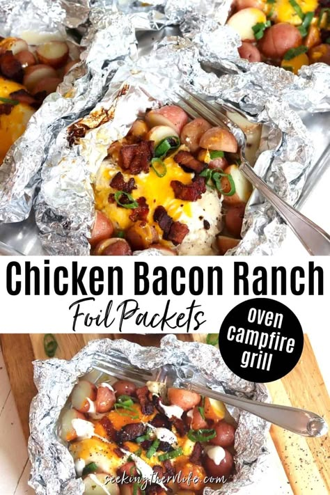 Delicious Chicken Bacon Ranch Foil Packets are SUPER EASY and can be made in your oven, over a campfire or on a grill. Foil packet dinners are so much fun and make for easy cleanup. Tender ranch seasoned chicken and potatoes are the perfect dinner idea and camping recipe! Easily customizable for your whole family! #SeekingTheRVLife Ranch Chicken And Veggies, Campfire Chicken, Camping Recipes Dinner, Grilled Foil Packets, Bacon Ranch Chicken, Chicken Foil Packets, Foil Packet Dinners, Meal Prep On Fleek, Backpacking Meals