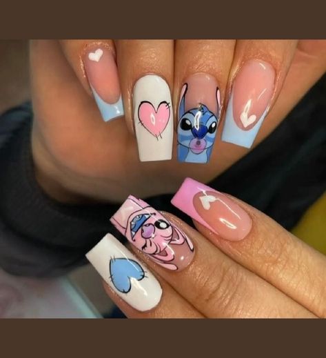 Unleash your personality with our Nail Art Extravaganza, featuring your favorite cartoons, movies, and snacks. From nostalgic animations to blockbuster hits and tasty treats, our collection offers creative and playful designs to adorn your nails. Perfect for movie nights or just to bring some fun into your daily look. #NailArtIdeas #CartoonNails #MovieNailDesigns #SnackNailArt Nails Acrylic Stitch, Stitch And Angel Nails, Stitch Nails Disney, Disney Gel Nails, Stitch Nails, Disney Acrylic Nails, Fake Nails Designs, Fancy Nails Designs, Trendy Nail Art Designs