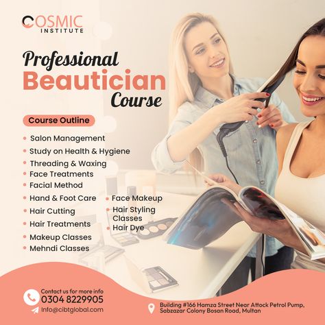 Cosmic Institute of Business and Technology is the leading provider of 𝐛𝐞𝐚𝐮𝐭𝐢𝐜𝐢𝐚𝐧 𝐜𝐨𝐮𝐫𝐬𝐞 in Multan. For those wanting to pursue a radiant career as a make-up professional, Cosmic Institute has all the resources to teach you all the tools and techniques for becoming a successful beautician. Enroll Now in this Course & Learn new techniques! 📱𝟎𝟑𝟎𝟎 𝟒𝟏𝟔𝟗𝟏𝟗𝟏 #beauticiancourse #beautician #beauticiantraining #hairstyles Beauty Salon Marketing, Beautician Course, Hair Salon Pictures, Diy Belt For Dresses, Face Wax, Beauty Salon Posters, Salon Pictures, Makeup Books, Beauty Academy