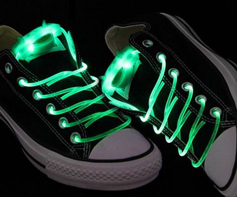 Make your kicks pop when you lace them up with the green light up shoelaces. These luminescent laces easily thread through any sneaker, require no tying, and features three modes of operation so you can customize them to your liking. Night Jogging, Green Led Lights, Led Shoes, Nike Outlet, Light Up Shoes, Lit Shoes, Green Led, Lace Material, Disco Party