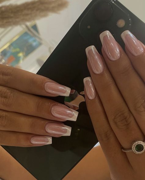 Engagement Nails Square Long, Square Acrylic Wedding Nails, Professional Pink Nails, Chrom Nails French, Coffin Vs Square Nails, French Crome Nails Design, French Chrome Nails Designs, Crome Nails Square, Chrome French Tip Nails Square