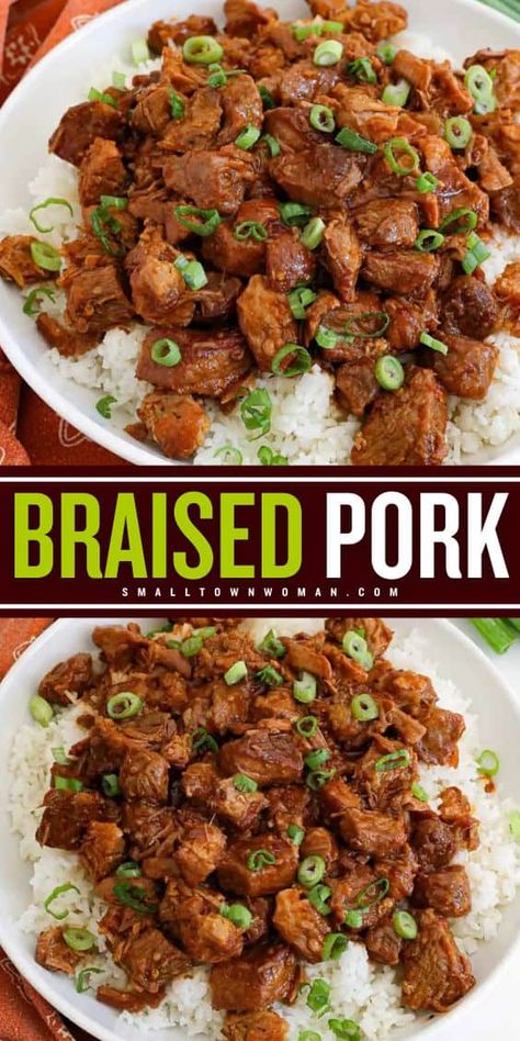 Give this main course recipe a try! This easy family dinner is also perfect for entertaining guests. Cooked with onions and garlic in a sweet and spicy ginger sauce, this simple braised pork is delicious! Braised Pork Recipes, Braised Meat Recipes, Pork Crock, Pork Recipes For Dinner, Easy Family Dinner, Fried Green Beans, Crockpot Pulled Pork, Pork Stir Fry, Pork Dinner