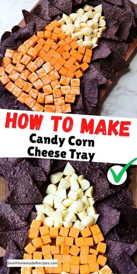 Need an easy snack tray for a Halloween Party? This Cheese Tray takes minutes to put together and taste WAY better than real candy corn! Halloween Chili Charcuterie Board, Salty Halloween Snacks For School, Candy Corn Veggie Tray, Healthy Halloween Side Dishes, Easy Halloween Snack Ideas For Kids Party, Pumpkin Cheese Tray, Finger Food Halloween Ideas, Appetizers Halloween Party, Trick Or Treat Food Ideas