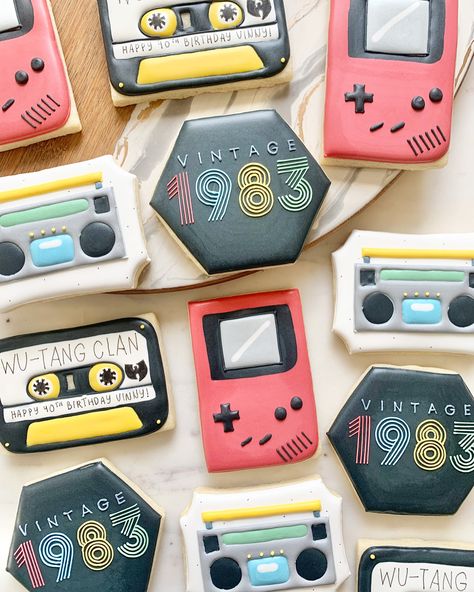 1980s birthday cookies 1985 Birthday Party Ideas, Mens Birthday Cookies, 40 Birthday Cookies For Men, 40th Party Ideas For Him, Men’s Birthday Cookies, 40th Bday Cookies For Men, 40 Birthday Cookies, 40th Birthday Cookie Ideas, 40th Birthday Cake Ideas