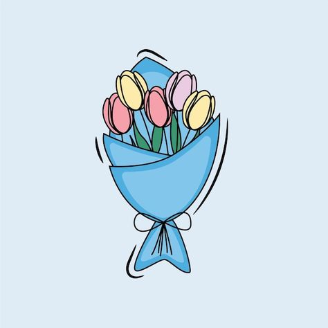 Premium Vector Illustration, Tulip Cartoon, Cartoon Flower Bouquet, Bouquet Of Tulips, Blue Tulips Drawing, Tulips Drawing Aesthetic, Blue Flower Drawing, Blue Flowers Drawing, Bouquet Illustration