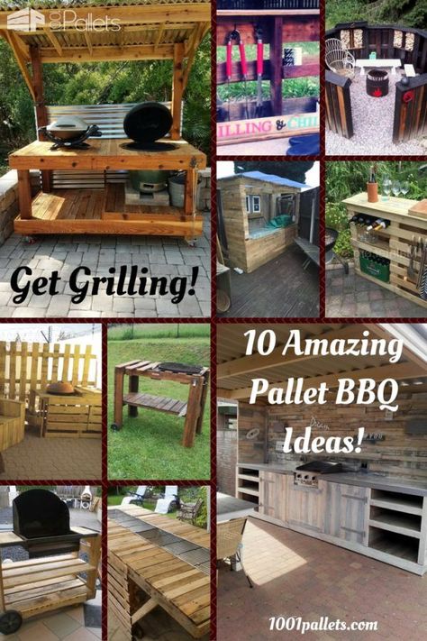 Find some amazing inspiration here with these 10 Pallet Barbecue Projects! Get outdoors and fire up those barbecues, invite the family, and have some fun! Outdoor Pallet Kitchen Ideas, Outdoor Bbq Pallet Ideas, Bbq Pallet Ideas, Pallet Outdoor Kitchen Diy Projects, Outdoor Kitchen Pallet Ideas, Pallet Outdoor Kitchen, Pallet Decks, Camping Camper Ideas, Diy Outdoor Living