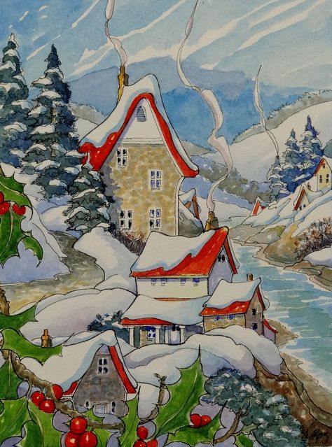 Homes Drawing, Alida Akers, Art Deco Cottage, River Village, Cottage Illustration, Cottage Painting, Postal Vintage, Christmas Note, Storybook Art