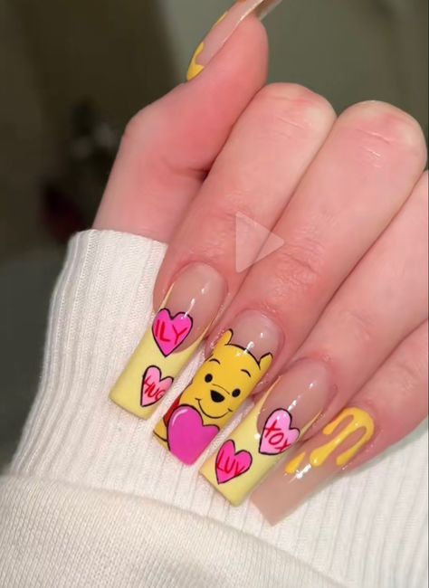 Valentines Day Nails Characters, Valentines Day Nails Cartoon, Cartoon Themed Nails, Winnie The Pooh Valentines Day Nails, Nail Cartoon Design, Valentine Character Nails, Valentines Day Character Nails, Spongebob Valentines Day Nails, Disney Valentines Day Nails