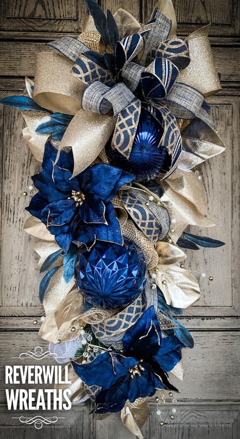 Winter Navy and Gold Teardrop Wreath | Etsy Blue And Silver Christmas Wreath, Diy Wreaths Easy, Teardrop Wreath, Large Ornaments, Christmas Flower Decorations, Wreath Swag, Teardrop Swag, Easter Wreath Diy, Diy Christmas Ornaments Easy