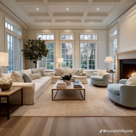 Bright Family Room Ideas, Family Room With Large Windows, All Glass Living Room, Living Room Designs Big Spaces, Two Story Living Room Fireplace, Dream Living Room Luxury, Formal Living Room With Fireplace, Large Couch Living Room, Guest House Interiors