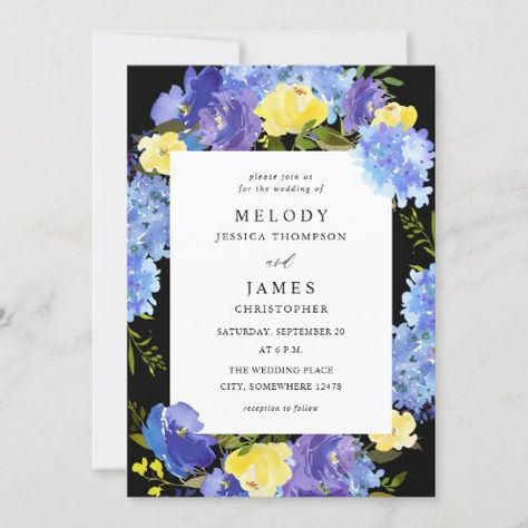 Blue Purple & Yellow Floral Wedding - Black Invitation $2.65 by M_Blue_Designs Yellow Floral Wedding Invitations, Yellow Floral Wedding, Blue Yellow Weddings, Wedding Flyer, Wedding Flyers, Marriage Invitations, Black Wedding Invitations, Wedding Invitation Card Design, Black Invitation