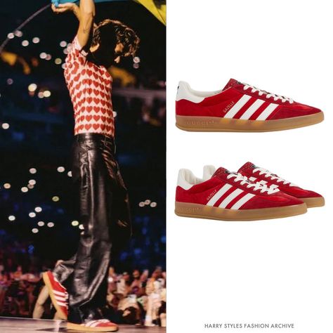 Red Adidas Outfit, Harry Styles Shoes, Red Gazelle, Satellite Stompers, Red Adidas Shoes, Adidas Gazelle Outfit, Harry Styles Gucci, Gucci Outfit, Harry Styles Outfit