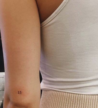 Best Name Tattoo Placement, Elbow Placement Tattoo, Dainty Number Tattoo Placement, Good Placement For Tattoos, Small 11 Tattoo, Dainty 13 Tattoo, 15 Number Tattoo, Number Tattoo Above Elbow, Number Hip Tattoo