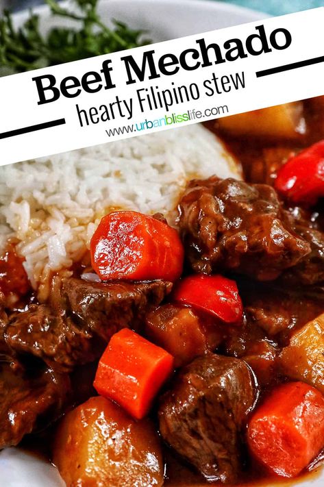 This Beef Mechado Recipe is a hearty Filipino beef stew full of carrots and potatoes, and a tangy tomato-soy broth. A delicious comfort food and easy dinner recipe! Beef Stew Filipino Style, Beef Menudo Recipe, Beef Mechado Recipe, Food With Beef, Mechado Recipe, Filipino Beef Stew, Beef Mechado, Menudo Recipe, Beef Stew Meat Recipes