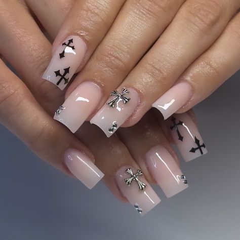 🖤 • • • #nailzzbylo #nailsnailsnails #nailart #naildesign #nailideas #nailinspo #chromehearts #nailaddict #naildesigns #covinanails #sandimasnails #626nails Gel X Tapered Square, Crosses Nail Designs, Acrylic Nails Short Cross Design, Nail Ideas Cool Designs, Medium Y2k Nails, God Nails Design, Nail Ideas Cross, Cross Nails Short, Crown Nail Designs