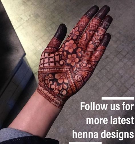 Full hand flower henna design on front hand side Mehndi On Front Hand, Hand Henna Ideas, Trendy Mehendi Designs, Rose Henna Design, Full Hand Henna, Mehndi Designs For Full Hands, Dubai Henna, Floral Mehndi Design, Rose Henna