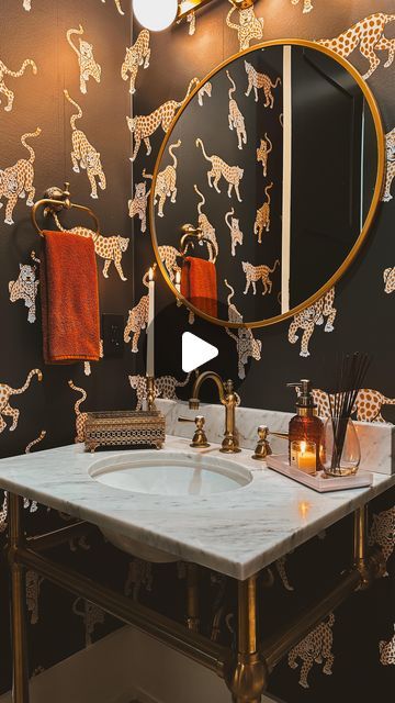 Mae Lutz | From an all white hall bathroom to a dark, moody, and leopard print room. This room transformation is one of my favorite ones so far. I�... | Instagram Leopard Is My Favorite Color, Leopard Wallpaper Bathroom, Leopard Print Room, Powder Bathroom Makeover, Leopard Print Bathroom, Animal Print Rooms, Colonial Revival House, Powder Bathroom, White Hall