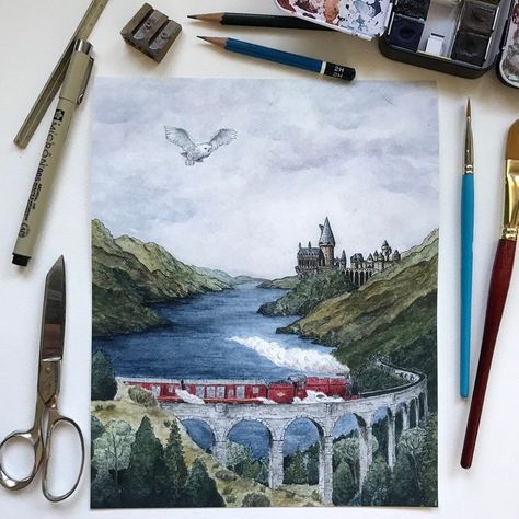 Loch Shiel, Harry Potter Watercolor, Harry Potter Sketch, Train Crossing, Harry Potter Painting, Harry Potter Drawings, Watercolor Prints, Harry Potter Anime, Hogwarts Express