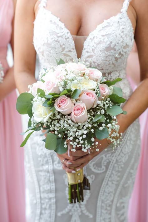 Romantic Pink and Gold Clearwater Beach Wedding | Opal Sands White And Blush Bridal Bouquet With Greenery, Bride Flower Bouquet White Blush Pink, White And Blush Pink Flowers With Eucalyptus Bouquet, Pink Bridal Bouquet With Greenery, Simple Elegant Wedding Bouquet, Pink And White Roses Bouquet, Bridal Bouquet Pink And White, Wedding Flowers Pink And White, White And Blush Bridal Bouquet