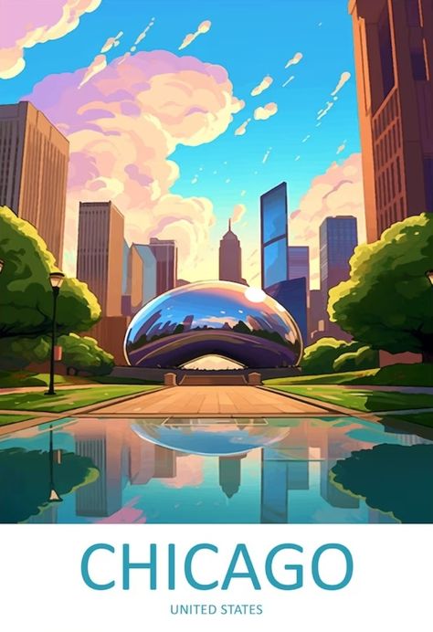 Chicago Travel Poster, Badshah Rapper, Country Logo, Chicago Landmarks, Wanderlust Decor, Travel Poster Design, Usa Cities, City Sky, Chicago Travel