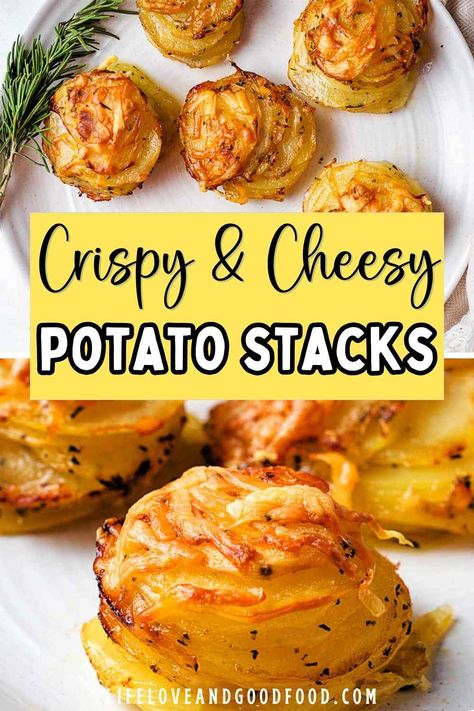 Crispy layers of potato stacked high with Asiago cheese, rosemary, and sea salt. These muffin tin potato stacks are easy, cheesy, and irresistibly golden. Perfect as an appetizer or side dish for the holidays! Layered Fried Potatoes, Crispy Potato Side Dishes, Stacked Potatoes In Muffin Tin, Southwest Potato Stacks, Potato Stacks With Garlic Herb Butter, Thousand Layer Potatoes, Mini Potato Gratin Stacks, Potatoes In Muffin Tin Sliced, Potatoes Cooked In Muffin Tin