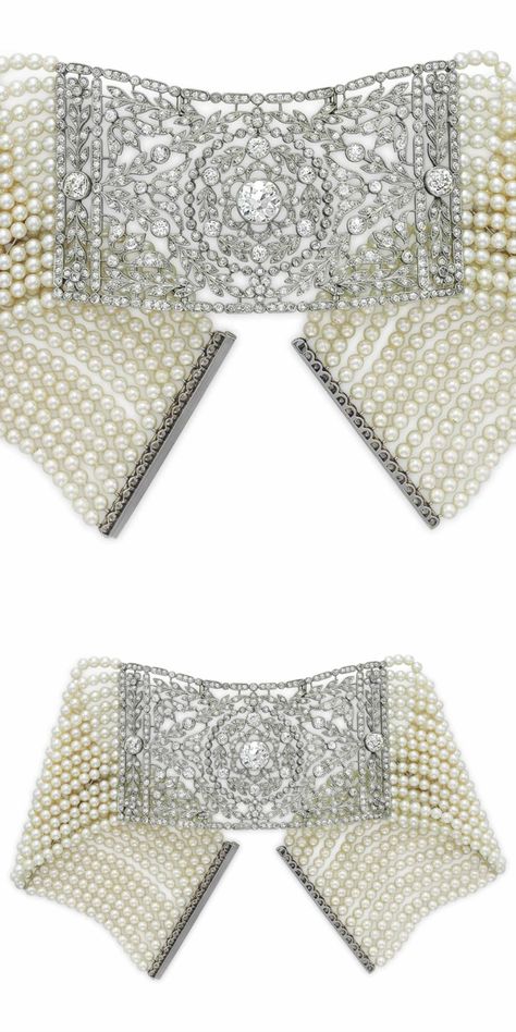 A BELLE ÉPOQUE PEARL AND DIAMOND NECKLACE: Designed as a multi-row seed pearl choker, spaced by platinum bar links, centering upon an old and single-cut diamond openwork panel of foliate motif, joined by an old-cut diamond clasp, circa 1910, 12 ins., mounted in platinum.  Via Christie's. Seed Pearl Jewelry, Handmade Antique Jewelry, Vintage Diamond Necklace, Pearl Jewels, Pearl And Diamond Necklace, Diamond Jewelry Necklace, Diamond Necklaces, Initial Pendant Necklace, Tassel Jewelry