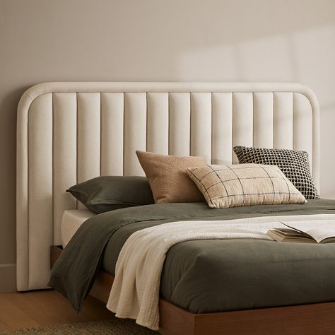 Article Headboard, Beige Headboard Bedroom, Tufted Headboard Bedroom, Beige Headboard, Bed Headboard Design, Modern Headboard, Neutral Bedding, Midcentury Design, Mid Century Modern Bedroom