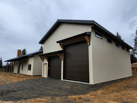 Gambrel Garage, Shop With Living Quarters, Garage With Living Quarters, Dark Doors, Door Canopy, Building Contractors, Overhead Door, Garage Shop, Steel Buildings