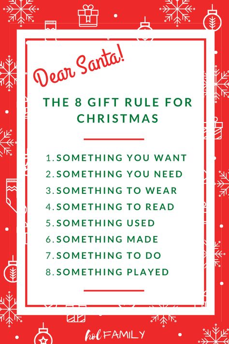 Keep Christmas simple, stress-free, and clutter-free with this brand new spin on the four gift rule for Christmas. This 8 Gift Rule for Christmas will become a family tradition you can carry on year after year. Something they want, need, wear, read, used, made, to do, played. Lots of eco-friendly, wooden, natural, STEM, and budget friendly gift ideas. #christmas #christmasgiftideas #giftsforkids #minimalism #holfamily 7 Gift Rule For Christmas Ideas, 8 Gift Rule For Christmas, Christmas Gift Organization, Gift Rule For Christmas, Organised Mum, Christmas Checklist, Christmas Tress, Christmas Simple, Rules For Kids