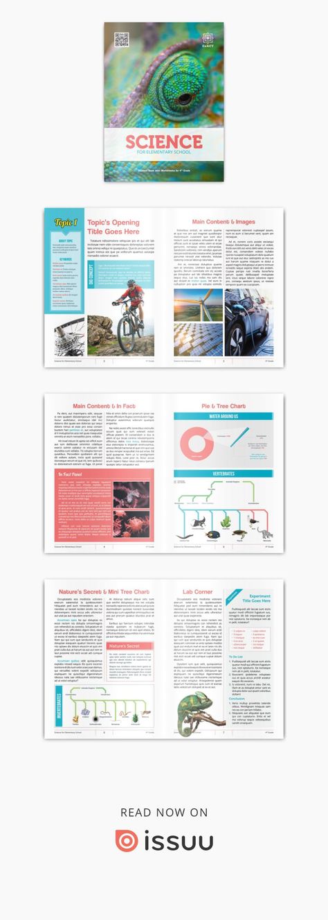 Colorful e-book template for Adobe InDesign, Science eTextbook Template 2018 (Details → creativemarket.com/fisihsani). The template is fully editable and features Dig Concept box, InFact panel, cladogram, modern pie chart, histogram, stylish table, Critical Thinking box, Posttest panel, mini tree chart, Nature's Secret panel, Experiment (Lab Corner), and a fictional bibliography with standard reference lists in APA format. Perfect for any textbook project purposes. School Book Layout, Textbook Design, Book Charts, Guidebook Design, Indesign Inspiration, Physics Textbook, Ebook Template Design, 보고서 디자인, Newsletter Layout