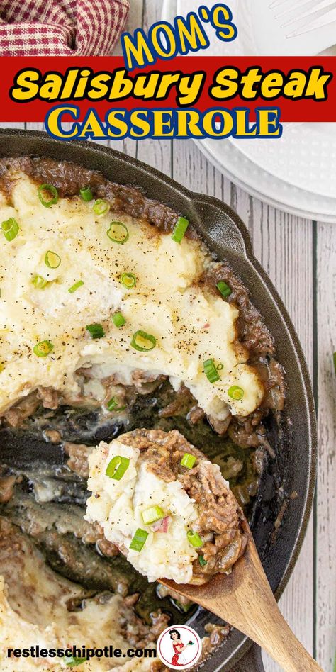 A 30-minute recipe! Salisbury steak casserole is the ultimate comfort food. Make this easy weeknight dinner in one pan for easy cleanup. Frozen Hamburger Patty Salisbury Steak, Salisbury Steak Casserole, Easy Salisbury Steak Ground Beef, Salisbury Steak Casserole Recipe, Kebab Recipes Beef, Creamed Corn Casserole Recipe, Hamburger Casseroles, Beef Lasagna Recipe, Food Entrees