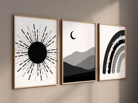 Black and white nursery, Boho Nursery, rainbow nursery, black white, gender neutral, moon nursery, Abstract Art, sun nursery, Mid Century Boho Nursery Boy, Nursery Mid Century, Sun Nursery, Black And White Nursery, Black Nursery, Nursery Boho, Nursery Rainbow, Gold Nursery, Moon Nursery