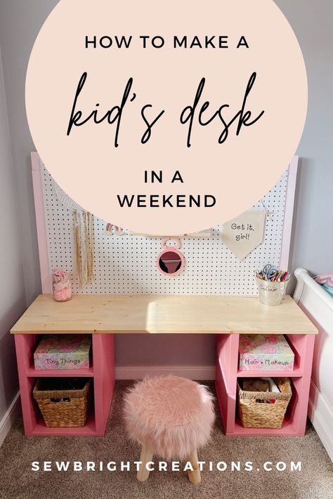 Photo is of a pink and wood girls desk with the org board, in a little girl bedroom. Girls Craft Table, Kids Pink Desk, Make Up Table Kids, Kids Vanity Desk, Desk For Girls Bedroom, Kids Bedroom Desk Ideas, Kids Art Desk Ideas, Diy Kid Vanity, Kids Desk Hack