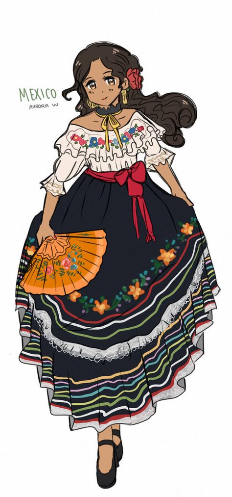 Aph Mexico, Mexican Outfits For Women, Mexico Culture Art, Mexican Dresses Traditional, Hispanic Clothing, Mexican Traditional Clothing, Anime Oc Female, Mexican Art Painting, Mexico Dress