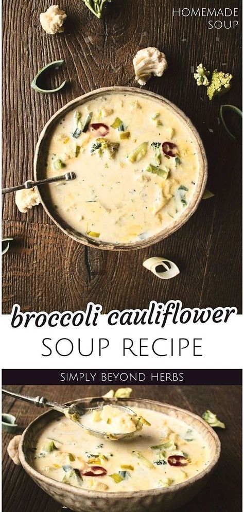 Enjoy the best of homemade soup & healthy soup recipes with this creamy broccoli cauliflower soup. It's a stovetop delight packed with veggies and nutrients, perfect as an easy appetizer, vegetable side dish, or main course. From start to finish, it takes only 30 minutes, and you can easily make it vegan by using any dairy-free alternative. Find more real food recipes, whole food recipes, and DIY health at simplybeyondherbs.com. Stovetop Soup, Broccoli And Cauliflower Soup, Easy Broccoli Soup, Spring Soup Recipes, Broccoli Cauliflower Soup, Broccoli And Cauliflower, How To Make Broccoli, Dinner Quick, Broccoli Soup Recipes