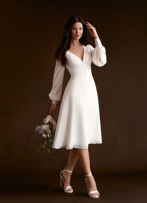 Diamond White Azazie Amila A-Line V-Neck Lace Chiffon Knee-Length Dress | Azazie White Dresses Wedding, Civil Dress, Glam Wedding Dress, Courthouse Wedding Dress, Knee Length Wedding Dress, Wedding Wardrobe, Midi Wedding Dress, Wedding Dresses A Line, Chiffon Lace Dress