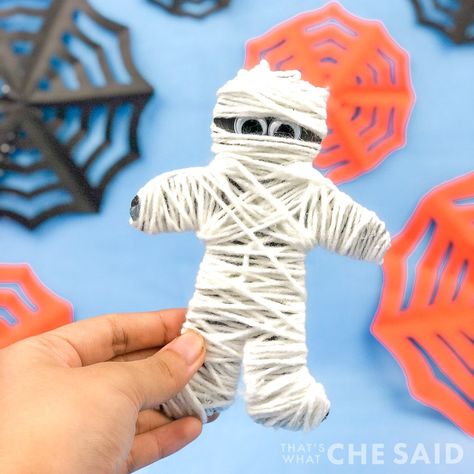 Halloween Mummy Crafts For Kids, Make A Mummy Craft, Paper Mache Mummy, Yarn Mummy Craft, Mummy Crafts For Kids Preschool, Halloween Mummy Craft, Easy Mummy Craft, Mummy Art Projects For Kids, Paper Mummy Craft