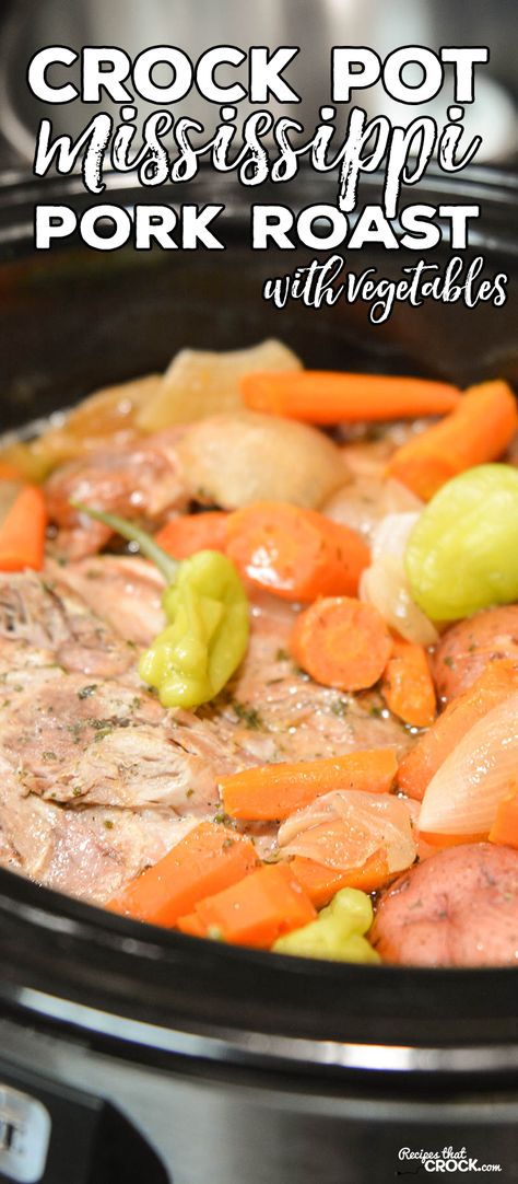 We have taken our ever popular Crock Pot Mississippi Pork Roast and added veggies to make a delicious one pot meal in this Slow Cooker Mississippi Pork Roast with Vegetables. Pork Roast With Vegetables, Mississippi Pork Roast, Pork Roast Crock Pot Recipes, Roast With Vegetables, Vegetable Slow Cooker, Pork Dinners, Crockpot Pork Roast, Crockpot Pork Tenderloin, Slow Cooker Pork Roast