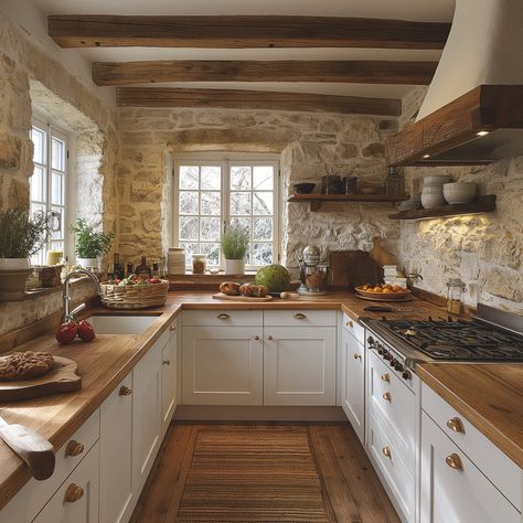 rustic_country_kitchen 34 Art On Kitchen Cabinets, Rustic Chic Home Design, Kitchen Ideas Cozy Rustic, Rustic Home Decor Diy Ideas, Country Style Windows, Kitchen Interior Cozy, Kitchen Back Wall Ideas, Country Romance Interior Design, Cottage Home Kitchen