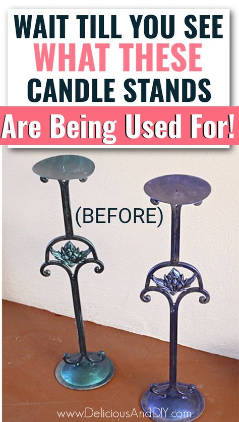 Transform Candle Stick Holders into a gorgeous Console Table using fun paint colors, a wood plank, and some hand-painted tiles. Candle Holder Makeover, Upcycled Candle Holders, Metal Candle Stand, Light Green Paint, Rental Home Decor, Dining Table Makeover, Diy Console, Diy Console Table, Wrought Iron Candle Holders