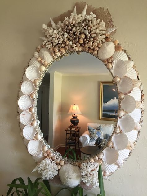 Shell Mirrors - Seashore Chic Shell Mirrors, Seashell Mirror, Art Coquillage, Seashell Projects, Shells Diy, Shell Mirror, Shell Decorations, Shell Crafts Diy, Beach Theme Decor