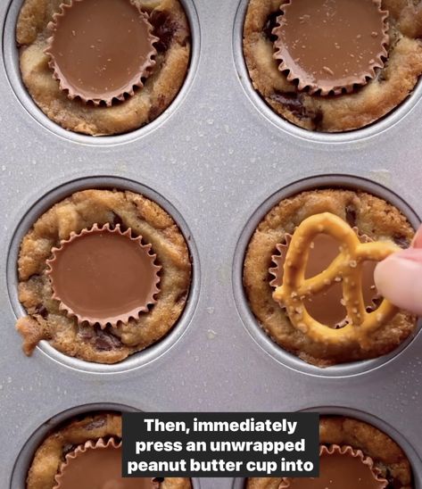 Chocolate Chip Peanut Butter Bites, Peanut Butter Pretzel Cookie Bites, Peanut Butter Cookie Cups With Pretzels, Chocolate Chip Pretzel Cookie Recipe, Chocolate Chip Cups, Cookie Dough Pretzel Bites, Mini Muffin Tin Cookie Recipes, Cookies In Cupcake Pan, Chocolate Chip Peanut Butter Cup Cookies