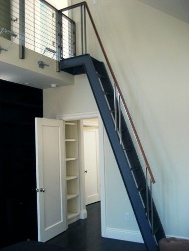 I like how this one has a small landing at the top. Loft Stairs Ideas, Attic Design Ideas, Stair Design Architecture, Stair Ideas, Loft Stairs, Small Attic, Loft Ladder, Stair Remodel, Attic Stairs