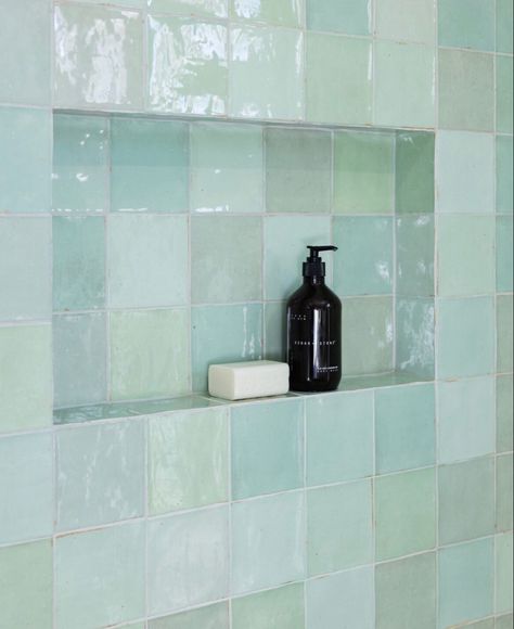 Turquoise Bathroom Tiles, Zellige Tile Bathroom, Turquoise Bathroom, Tiled Wall, Turquoise Tile, Seaside House, Bathroom Aesthetic, Zellige Tile, Bathroom Pictures